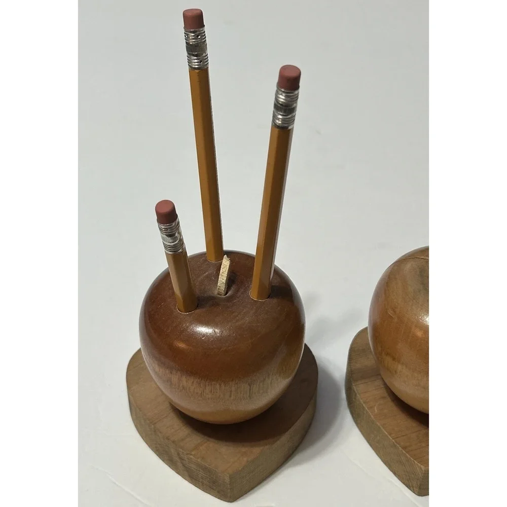 Vintage Wooden Apple Pencil Letter Holder Set Heart Base Teacher Gift Office